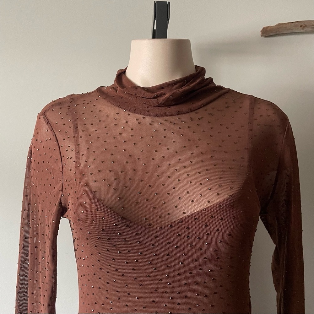 AFRM Shailene Rhinestone Turtleneck Dress Midi Embellished Mesh Brown Medium - Picture 8 of 11